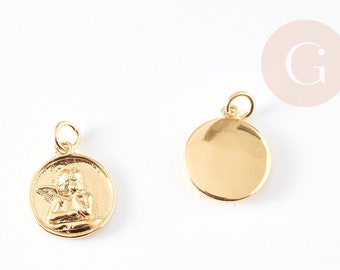 Round angel medal pendant in 18K gold-plated brass, gold-plated brass pendant for jewelry creation, gold medal, 17mm, X1 G4929