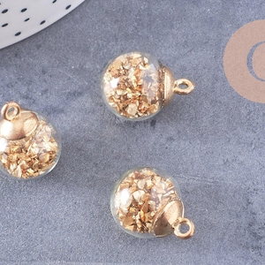 Brass and golden sand glass bubble pendant 21mm, transparent medallion, sautoir necklace creation, display pendant, x1, G1872