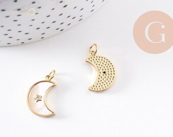 Moon pendant, natural white mother-of-pearl, gold-plated brass, 18mm, x1 (G10256)