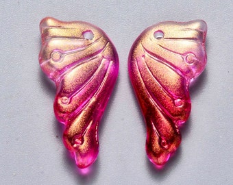 Pink fuchsia gold glass wing pendant 24.5mm, glass pendant, X10 G5832