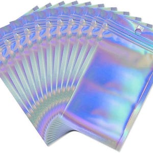 グレーのホログラフィック長方形プラスチックジップバッグ 10x7cm、ジュエリーギフトバッグ、x5 G9037