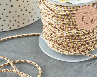 Braided cord, brown, fluorescent yellow, and gold thread, for jewelry making, multicoloured scrapbooking cord, x1 meter (G6211)