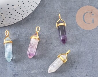 Natural purple-green fluorite point pendant, gold-plated zamac, 40mm, x1 (G5656)