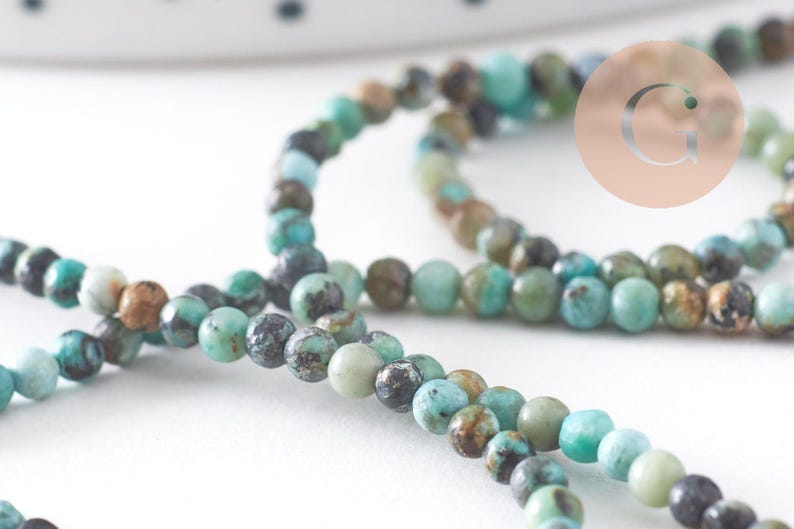 Perle Jaspe turquoise africaine naturelle 2mm,x1 fil de 39cm (G1541)