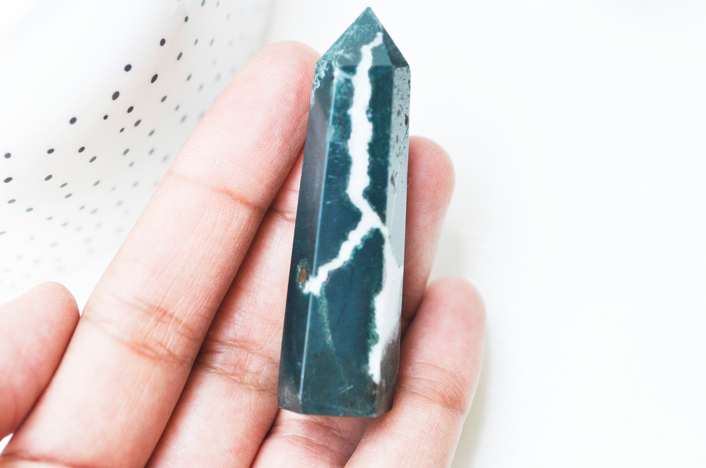 Pointe Agate Mousse Verte Naturelle Roulée, Naturelle, Pierre Semi-Precieuse, Séance Lithothérapie,