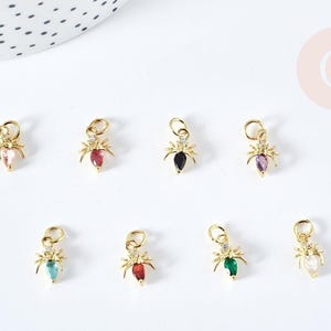 18K gold-plated brass ant pendant with 12mm colored zircon, gold-plated pendant for jewelry making, x1 (G8590)