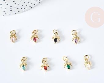 18K gold-plated brass ant pendant with 12mm colored zircon, gold-plated pendant for jewelry making, x1 (G8590)