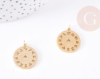 Round astrology medallion pendant, gold-plated steel, 22mm, x1 (G1613)