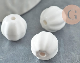 Cuenta de porcelana blanca de 13 mm, cuenta acanalada, cuenta de cerámica, cerámica blanca, 10 unidades (G7400)
