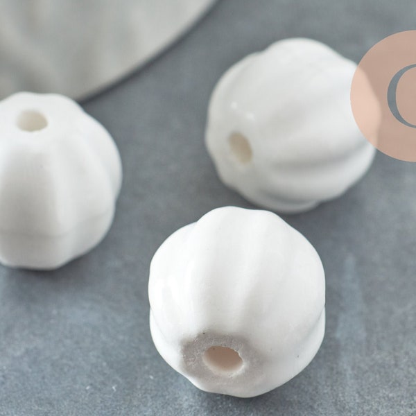 Perle porcelaine blanche 13mm,  perle striées,perle céramique, fabrication bijoux, céramique blanche, X10 G7400