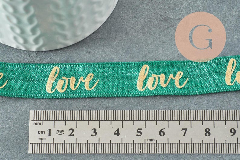 Ruban élastique vert or LOVE EFJF 16mm, x1 mètre (G3759)