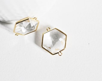 Faceted transparent crystal golden hexagon connector pendant, crystal pendant, golden pendant, jewelry creation, 25.5mm, set of 2, G2647