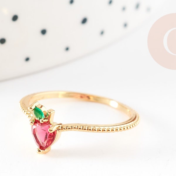 Bague fruit fraise laiton doré 16K zircons, creation bijoux,bague femme cadeau anniversaire, X1  G9156