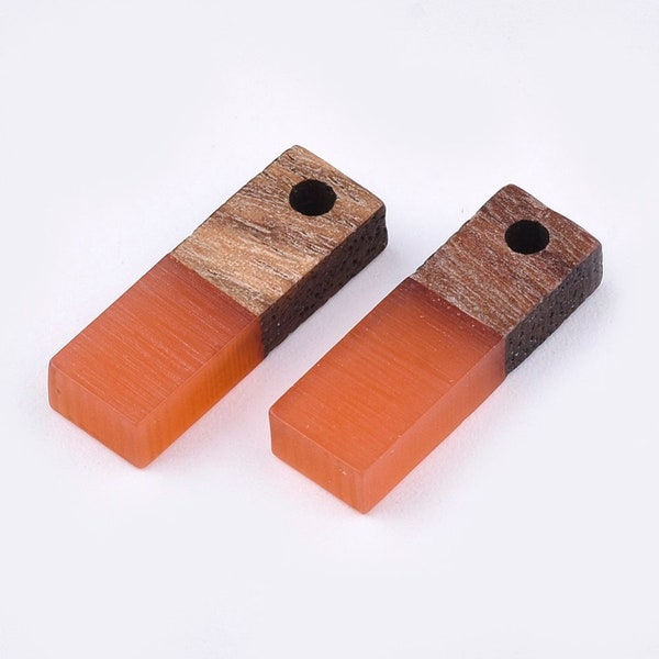 pendentif goutte bois résine rectangle orange corail, perle bois naturel,  Perle géométrique,perle rectangle bois,17mm,X5 G4662