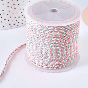2mm Neon Pink, Turquoise and White Braided Cord, Jewelry Cord, Multicolored Cord, Decorative Rope, x 1 Meter G6816