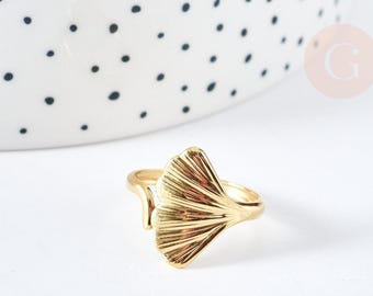 Adjustable ring with ginkgo leaf design, 304 stainless steel, gold finish, size 57, x1 (G7636)
