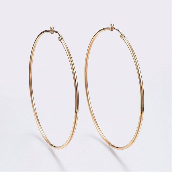 créoles grande acier doré, bijoux doré, création bijoux, oreille percée,sans nickel, la paire, boucles acier, 70mm-G920