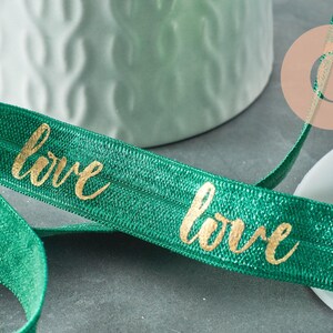 Ruban élastique vert or LOVE EFJF 16mm, x1 mètre (G3759)