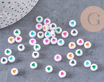 Perline rotonde a forma di cuore in plastica colorata, 7 mm, perline rotonde con lettere, perline a forma di cuore, 10 g (G1805)
