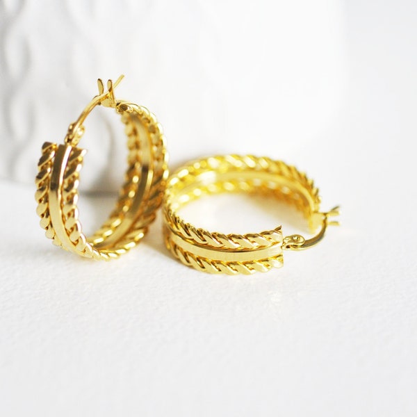 large gold steel hoop earrings, gold jewelry, jewelry creation, pierced ear, nickel-free, pair, nickel-free loops, steel loops, 27mm-G213