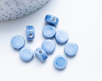 Perles porcelaine émail bleu, perle céramique, perle porcelaine,perle disque, céramique bleue,12mm, X10  G5363