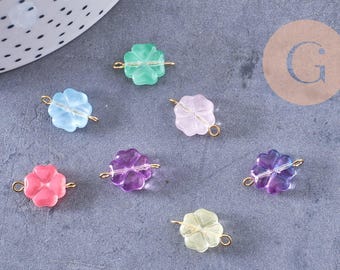 Charm conector de trébol de cuatro hojas, cristal multicolor, acero inoxidable 304, chapado en oro, 16 mm, x7 (G10629)