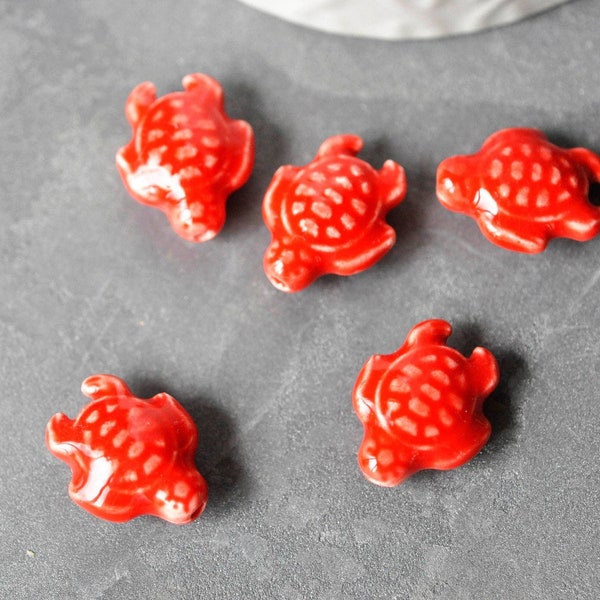 Perle tortue porcelaine rouge 12mm, perle céramique, fabrication bijoux animal, X5  G3906