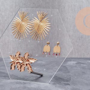 Aanpasbare zeshoekige plexiglas oorbellenhouder met 18 vakjes, 20 cm, x1 G10106