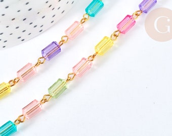 Acrylic bead chain multicolor tube gold metal 8.5-9.5mm, colorful jewelry creation, per meter G7183