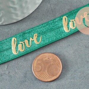 Ruban élastique vert or LOVE EFJF 16mm, x1 mètre (G3759)