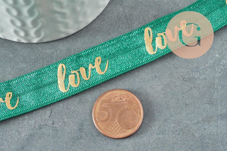 Ruban élastique vert or LOVE EFJF 16mm, x1 mètre (G3759)