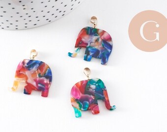 Pendentif éléphant écaille multicolore, acétate et laiton doré, création bijoux, perles plastique,27mm,l'unité, G4038