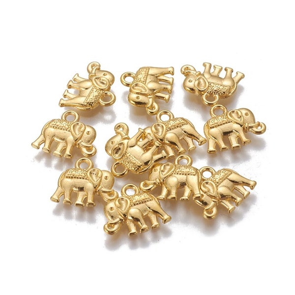 Pendentif éléphant zamac doré,fournitures créatives, sans nickel,creation bijoux animal jungle,14mm,lot de 2 (4.3g) G5462