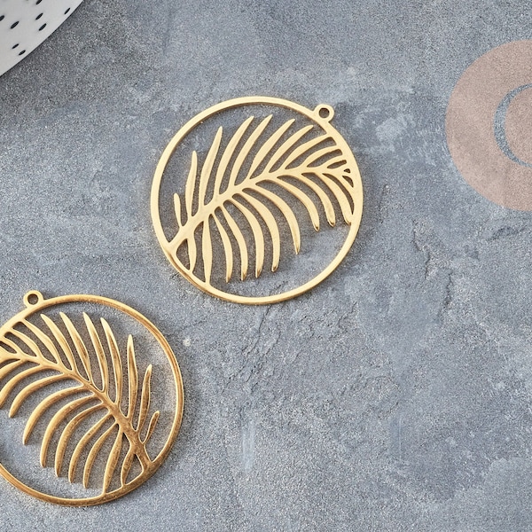 Palm leaf medal pendant 201gold stainless steel 32mm, nickel-free gold stainless steel charm, X1 G6189