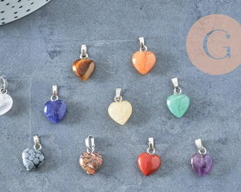 Heart pendant, natural stone, brass and platinum finish, 10-12mm, x1 (G4129)