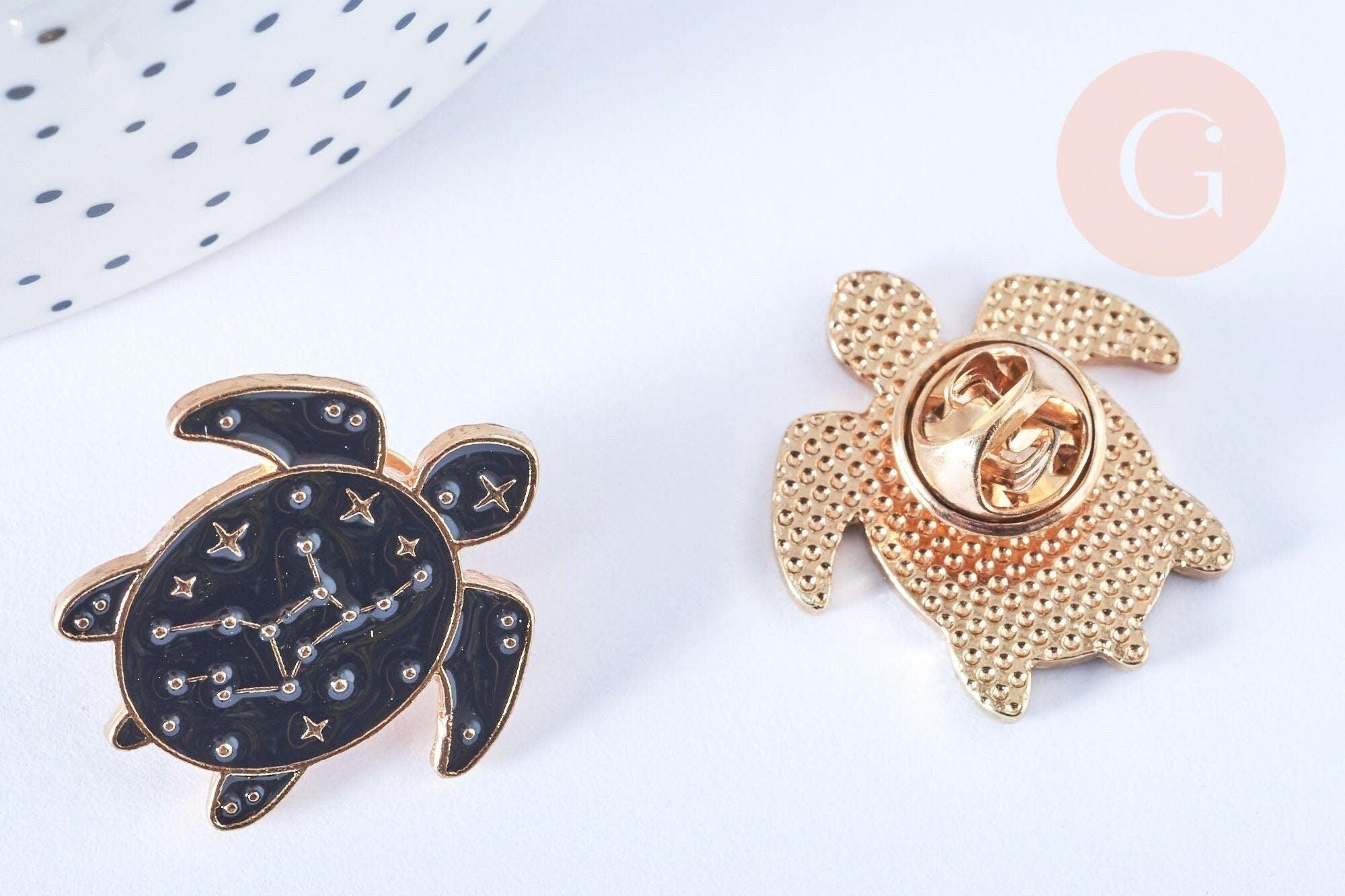Broche Vintage Tortue - Métal Doré émaillé, Bon état D'usage