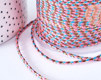 Braided cord in burgundy, blue, and pink with gold thread, 1.5mm-2mm, multicoloured cord for scrapbooking, decorative rope, 1 meter G6933
