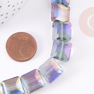 Perle verre carré irisé facetté 12mm, x5 perles (G9076)