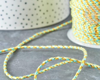 Braided cord, green, yellow, turquoise, gold thread, 1.5mm-2mm, x 1 meter (G8125)