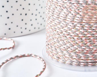 Pink and grey braided cord with gold thread, 1.5mm-2mm, jewelry cord, multicoloured scrapbooking cord, decorative cord, x 1 Meter G8120