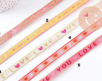 Love text ribbon, 10mm, a quality embroidered ribbon for sewing or jewelry making, x1 meter (G10418)