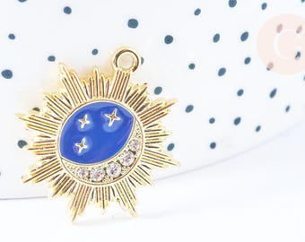 Sun, moon, and stars pendant, blue, 18k gold-plated zamac, zircon crystal, 26mm, x1 (G6682)