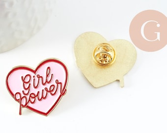 GIRL POWER heart-shaped pin brooch, pink enamel, 31mm, x1 (G9459)