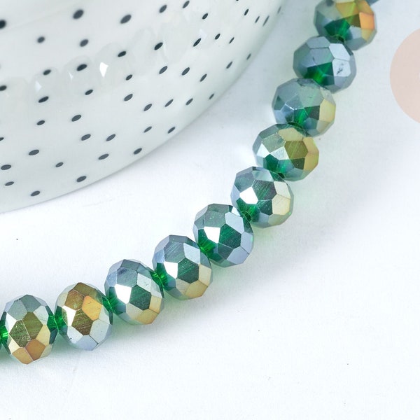 Perles rondelles verre facettée vert irisé 10x8mm, cristal, le fil de 53cm G7454