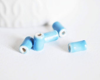 Perle porcelaine bleu, perle céramique, porcelaine bleu,perle tube, création bijoux, 10mm, X5 G2348