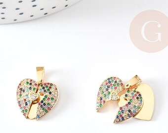 Pendentif coeur qui s'ouvre zircons coloré, pendentif laiton amour,sans nickel, 16mm, l'unité G4744