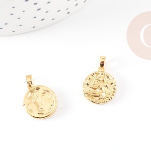 Round Virgo medal pendant in 18K gold-plated brass 16.5mm, a golden astrological pendant jewelry creation, X1 G3644