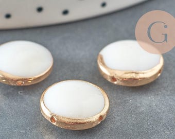 Round natural white mother-of-pearl bead with gold-plated iron, 13mm, white mother-of-pearl, round mother-of-pearl bead, white shell, x5 G0425