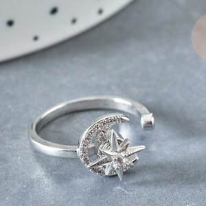 Adjustable Ring Rotatable Moon Star Brass Platinum Zircon White 16.9mm, Thin Ring to Gift, Jewelry to Gift, 16.9mm G8031
