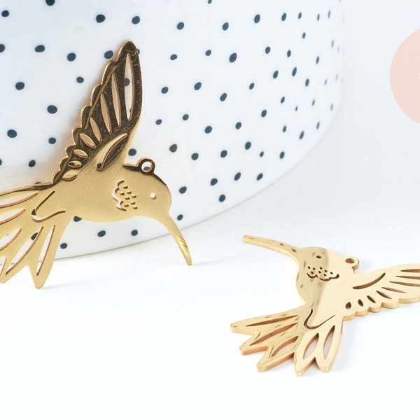 18K gold steel pendant hummingbird bird 39.5, gold stainless steel charm, nickel-free pendant, jewelry creation, X1 G6335